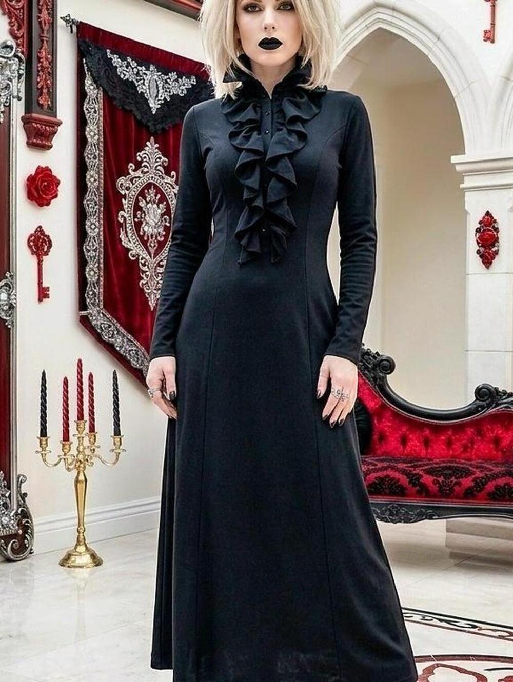 Bendigo Vintage Ruffle High Neck Black Maxi Dress Vampire Romantic Goth